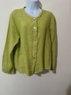 Match Point Lime Green Button-Up Linen Jacket. Made in the USA